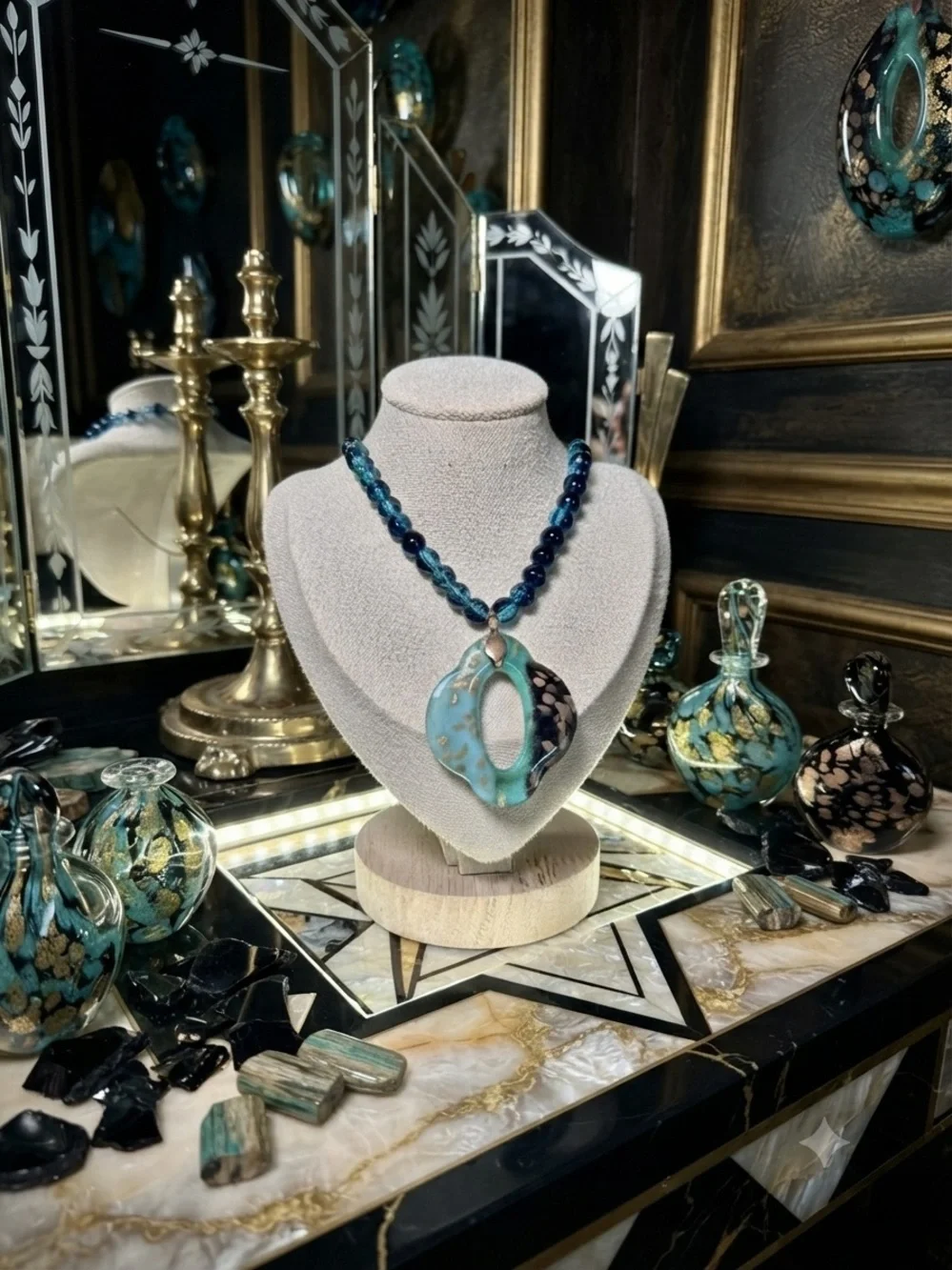 One of a kind handmade Turquoise Black Glass Pendant Necklace/Magnetic statement